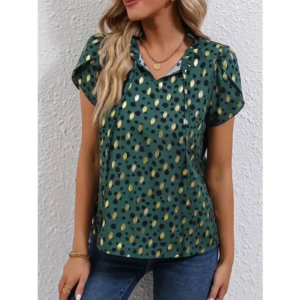 Womens Shein Curve Gold Foil Animal Print Flutter Sleeve Top Blouse -Sz 1X